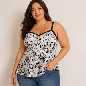 Torrid 1X Floral Peplum Camisole Black White Feminine Cottagecore Top
